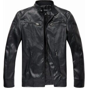 Men's Black Faux Leather Stand Collar Motorcycle Lightweight Outwear Jacket